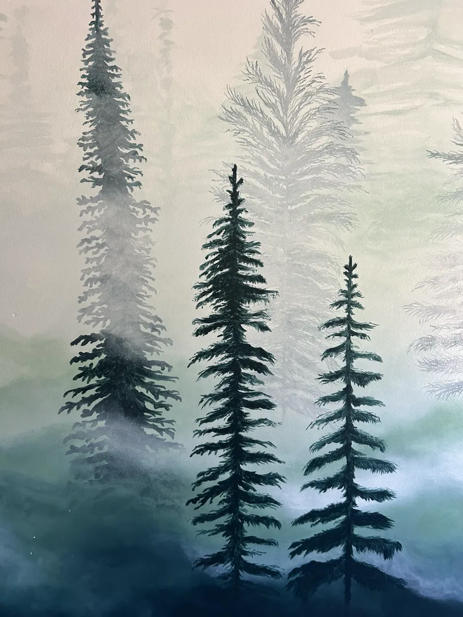 Close view of three hand-painted firs rising out of the fog.